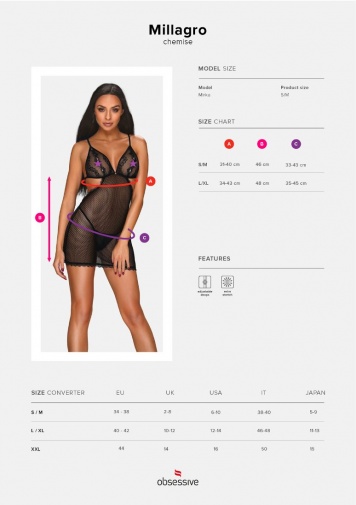 Obsessive - Millagro Chemise & Thong - Black - S/M photo