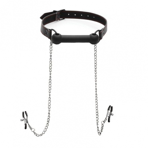 Strict - Silicone Bit Gag + Nipple Clamps - Black photo