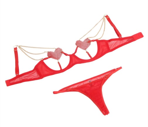 Ohyeah - Chain Heart Mesh Bra Set - Red - L photo