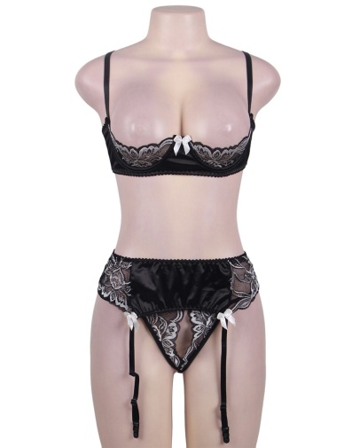 Ohyeah - Open Bra Set w Garter Panty - Black - M photo